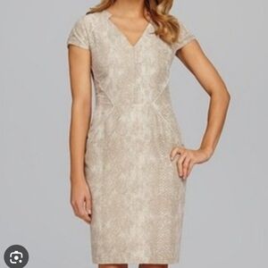 Antonio Melani Sheath V-neck Dress Reptile Print Puff Cap Sleeve Fitted Lace 14